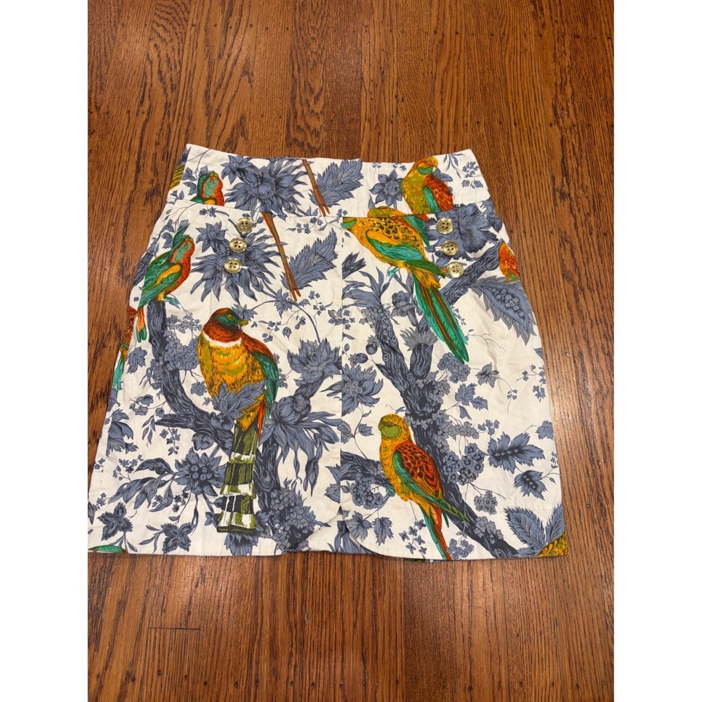 Anthropologie Leifsdottir Tropical Bird Floral Print Mini Skirt White Blue 6